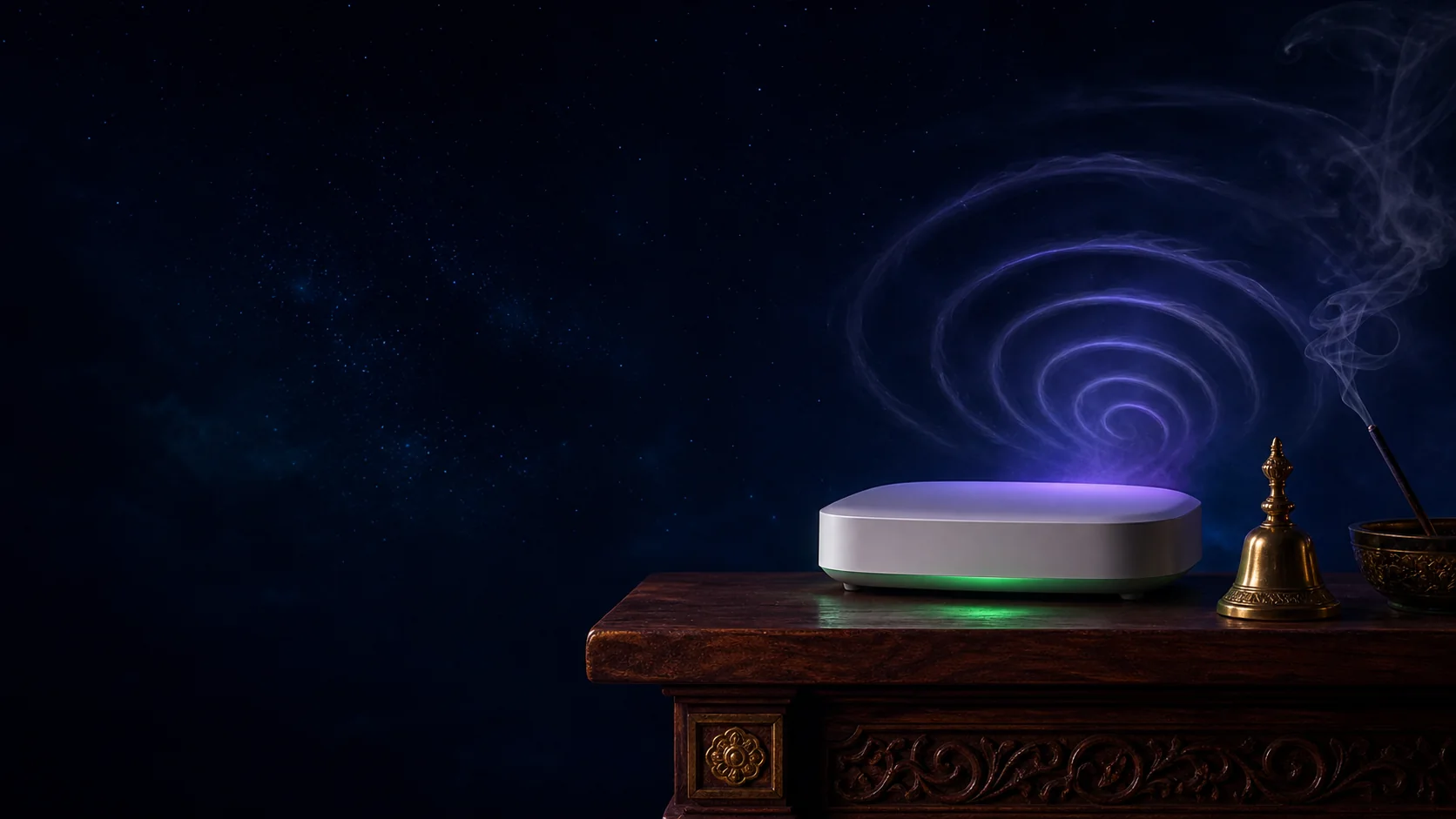 Weißer WLAN-Router auf einem nächtlichen Altar mit leuchtenden Funksignalen